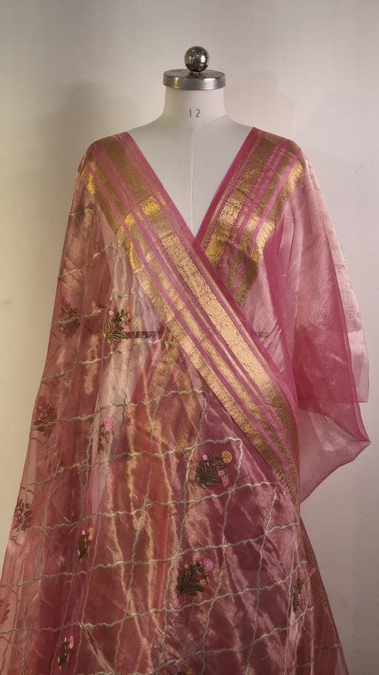 Pure Organza Tissue jaal Embroidery Saree with Banarasi katan zari border and special tassels - Resham Wala