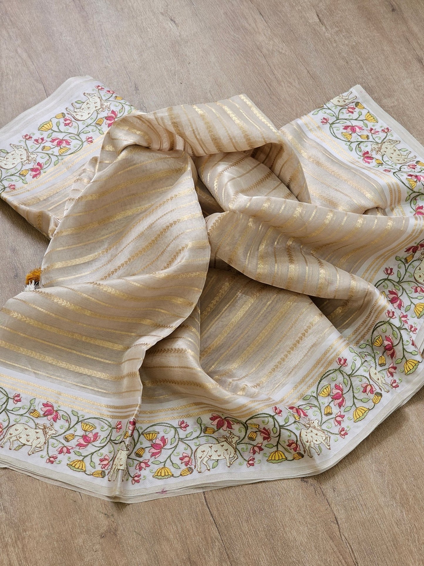 Pure Organza Tissue Silk Banarasi Stripe Pichwai Embroidery on Katan Silk Satin Border Saree - Resham Wala