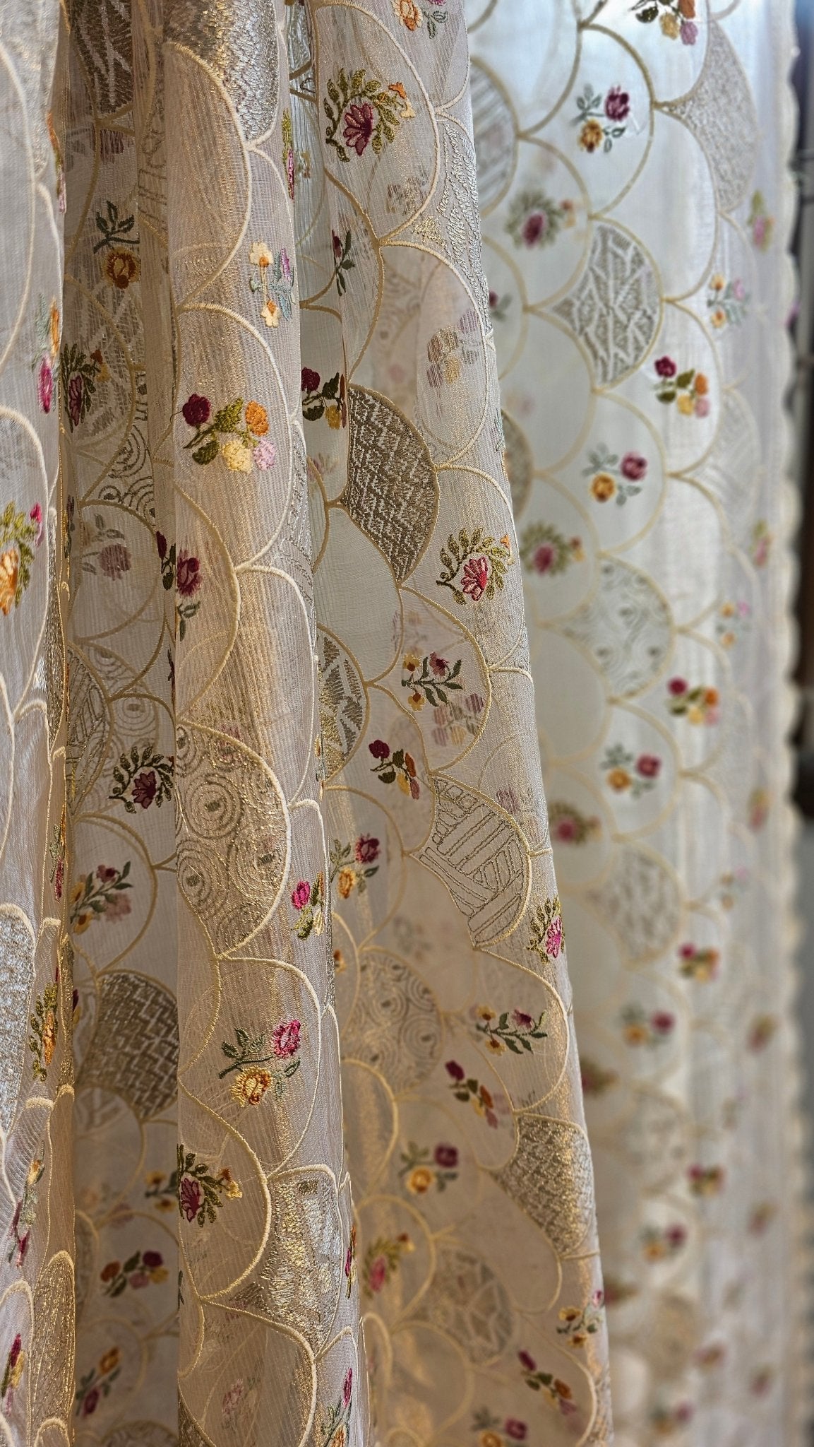 Pure Tissue Silk Stripe Embroidery Jaal Saree With Scallop Cutwork Border - Resham Wala