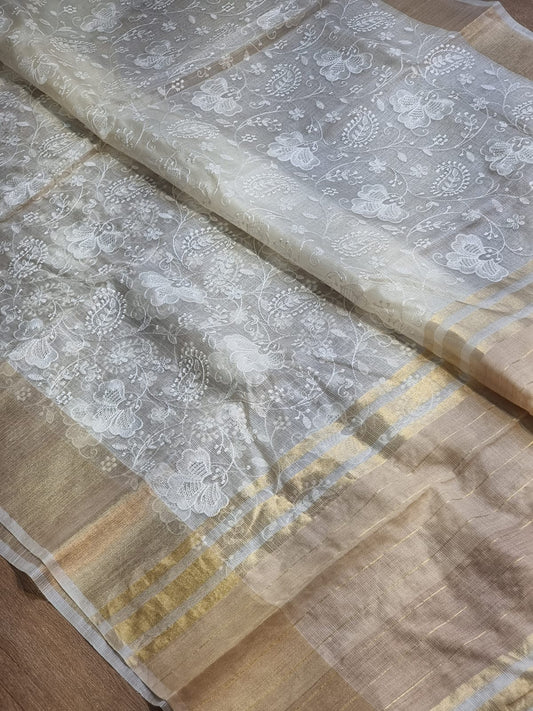 Pure Tussar Kota Silk Chikankari Double Ghiccha Saree - chikankari embroidery detail