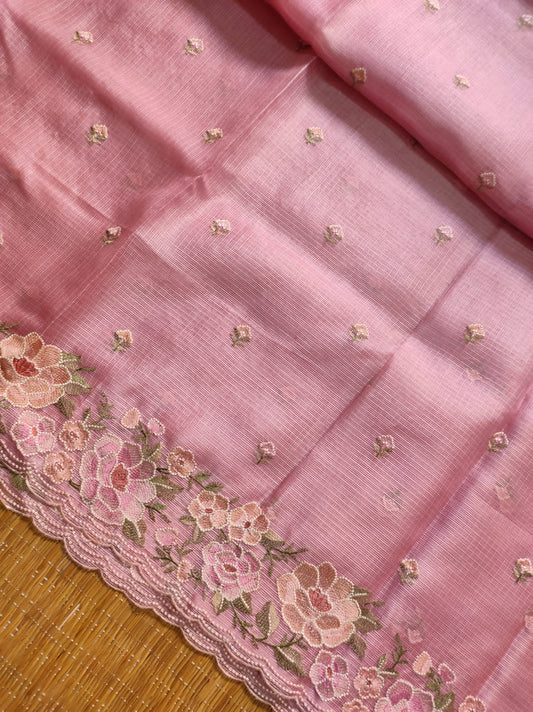 Pure Tussar Kota Silk Mina Floral Saree - scallop cutwork border close-up