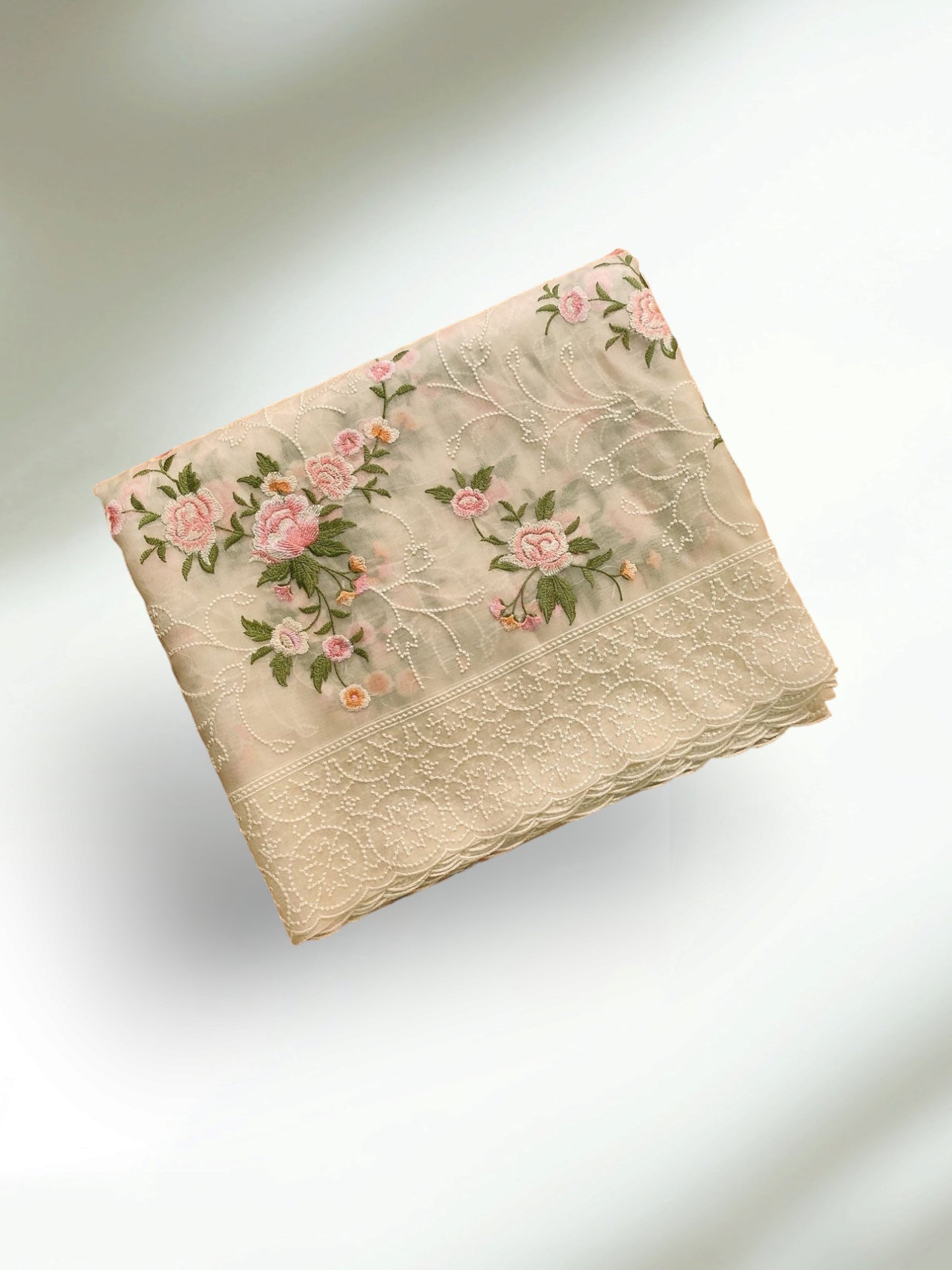 Pure Organza Silk multi floral Embroidery with Petit Point Work border with scallop edging