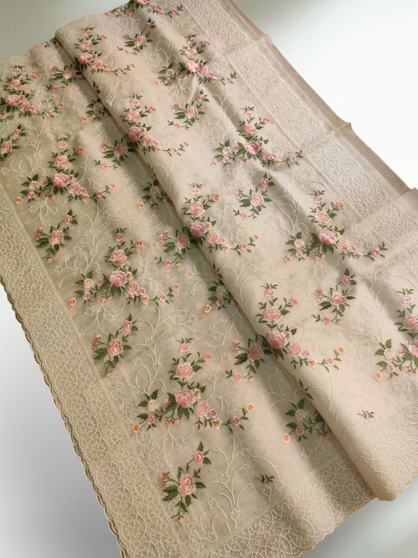 Pure Organza Silk multi floral Embroidery with Petit Point Work border with scallop edging