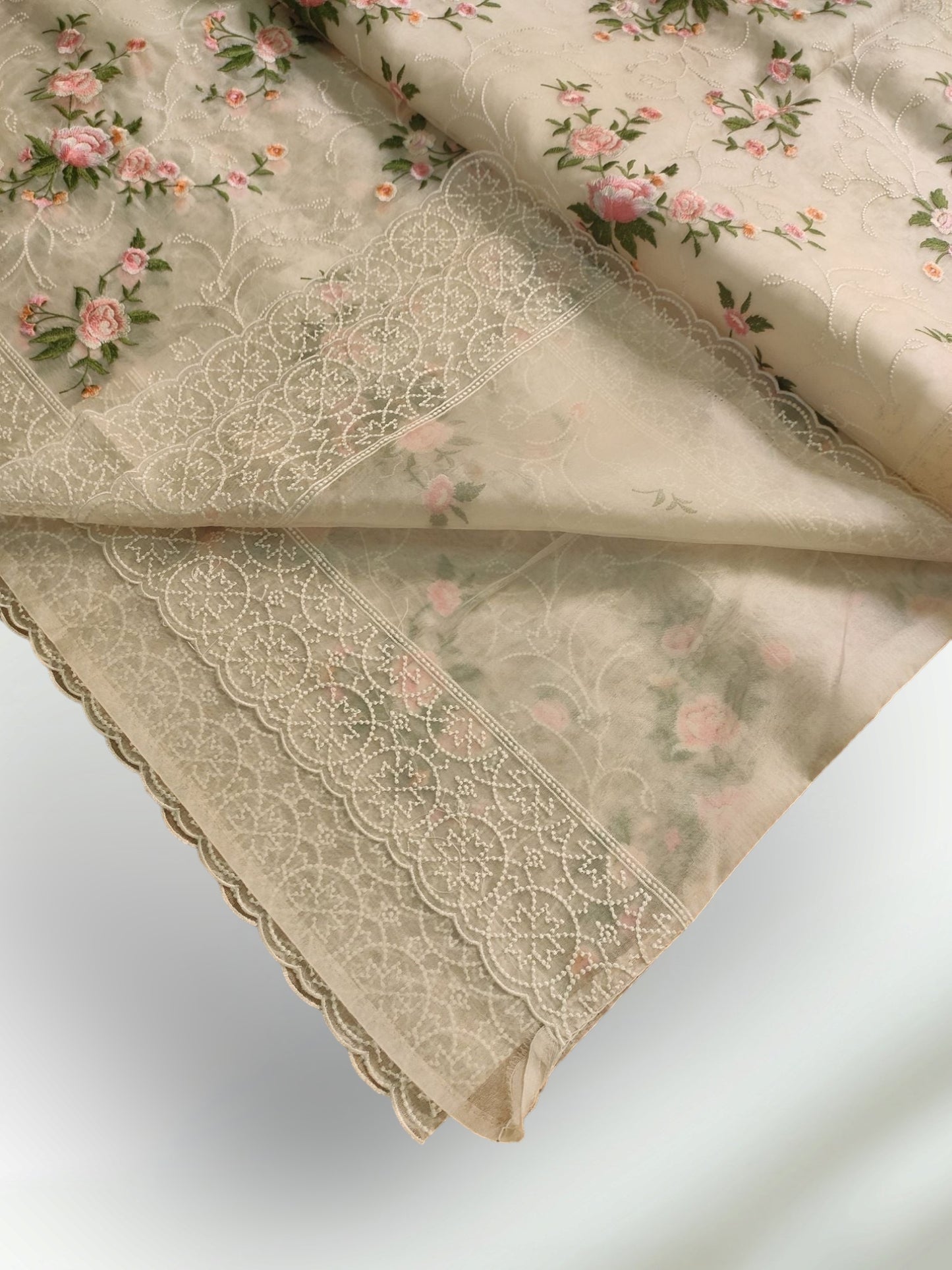 Pure Organza Silk multi floral Embroidery with Petit Point Work border with scallop edging