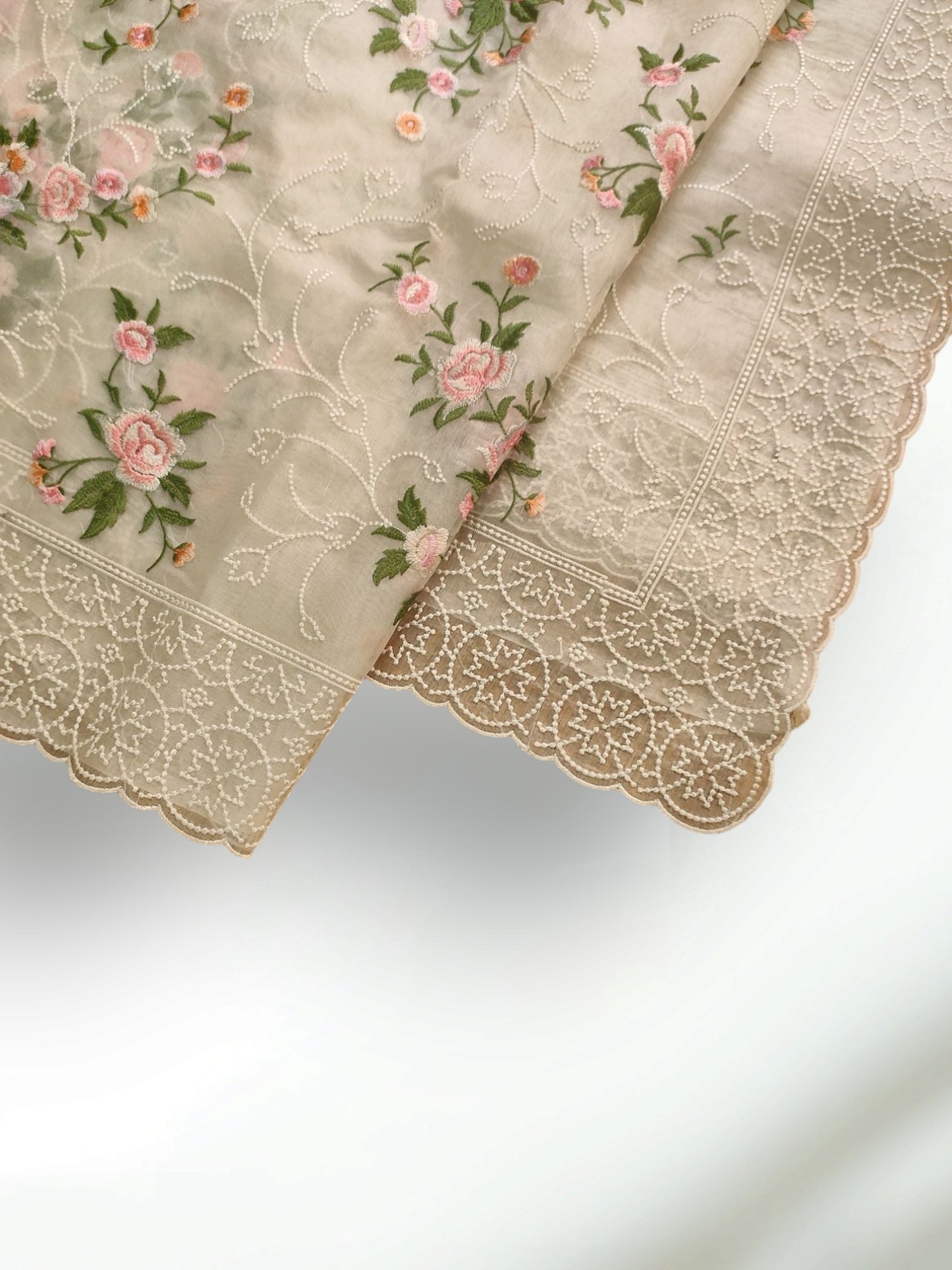 Pure Organza Silk multi floral Embroidery with Petit Point Work border with scallop edging