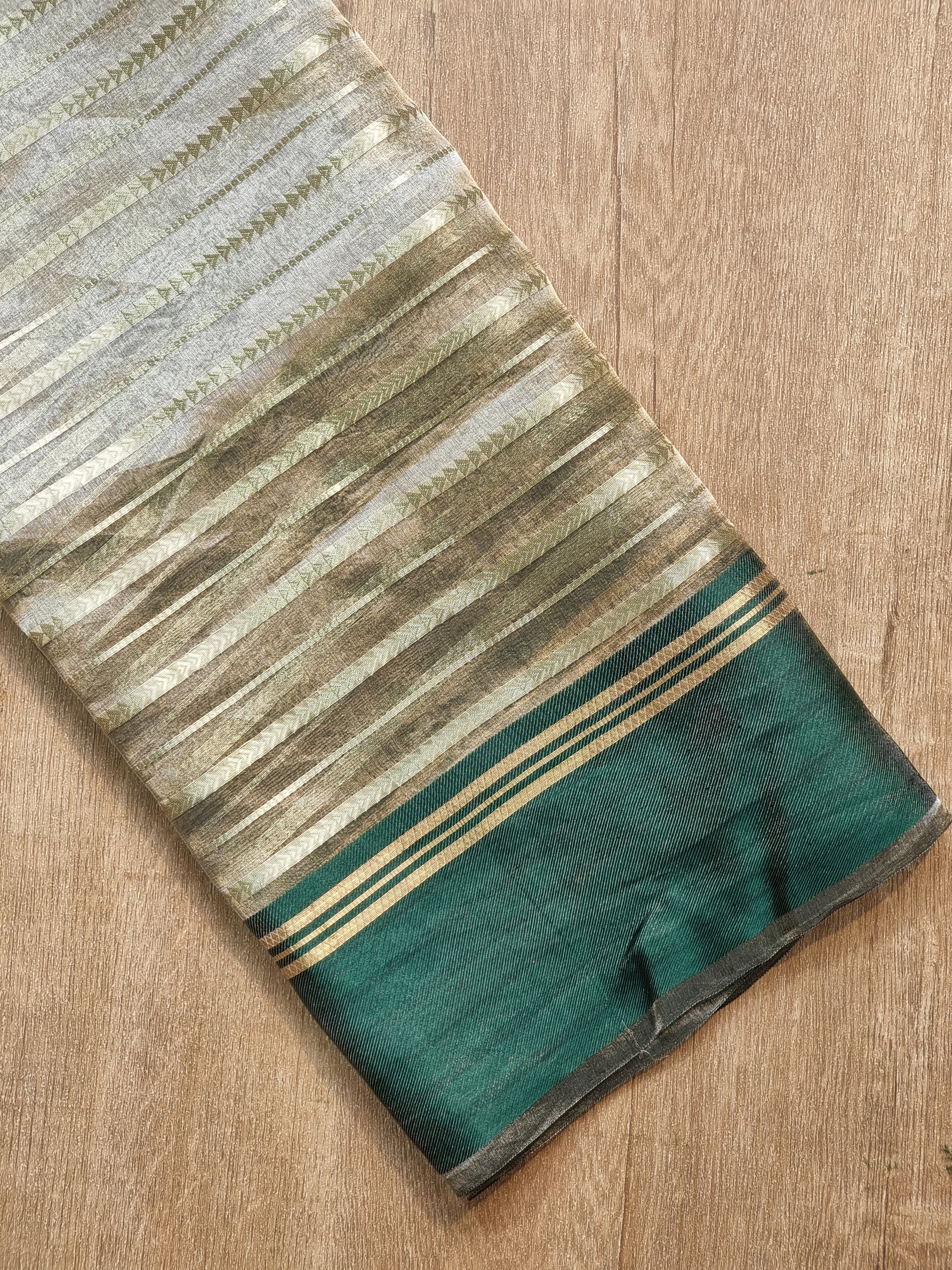 Pure Metallic Tissue Silk stripe saree with Katan silk border and special tassels with blouse sleeves - Resham Wala