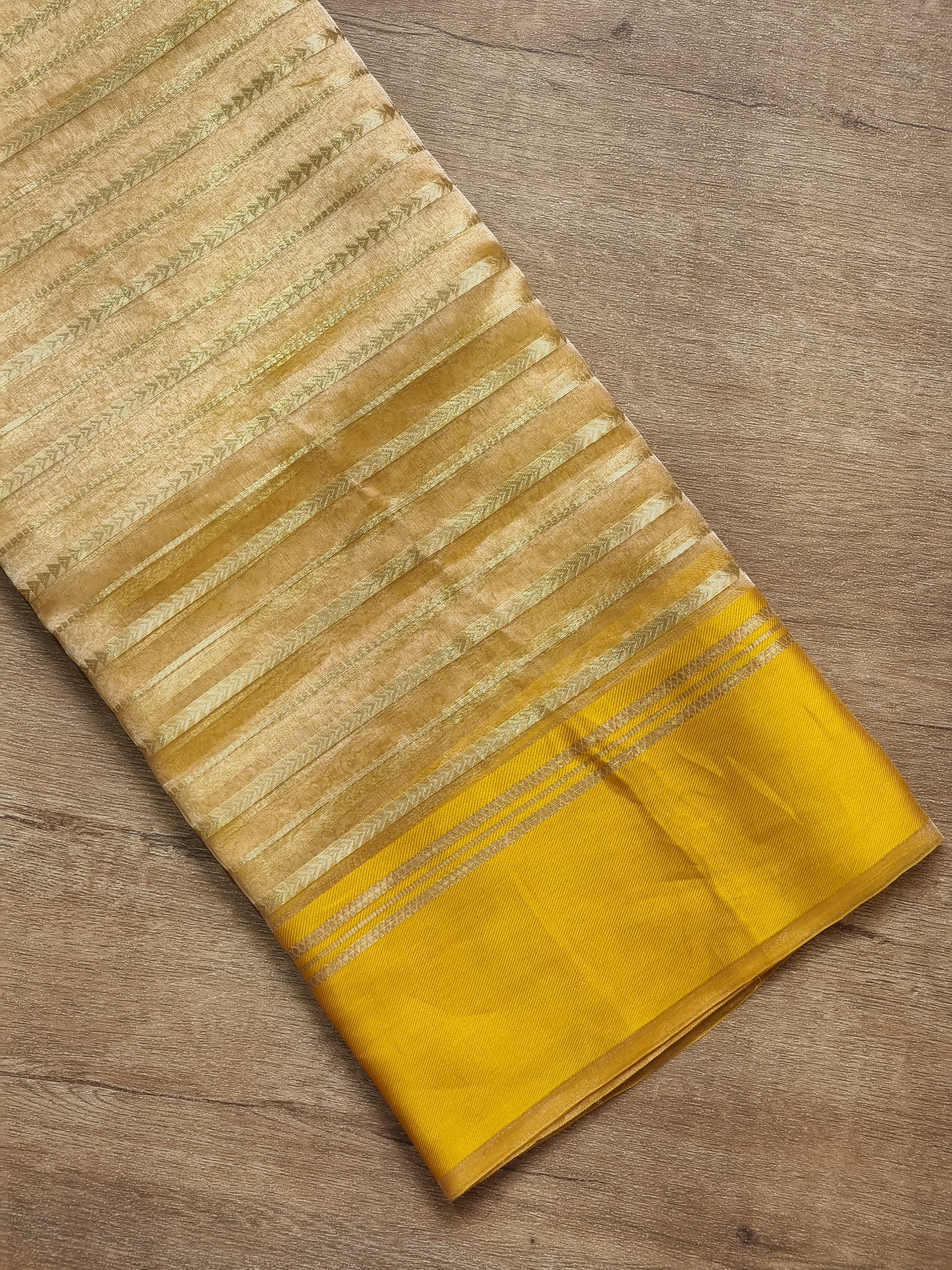 Pure Metallic Tissue Silk stripe saree with Katan silk border and special tassels with blouse sleeves - Resham Wala