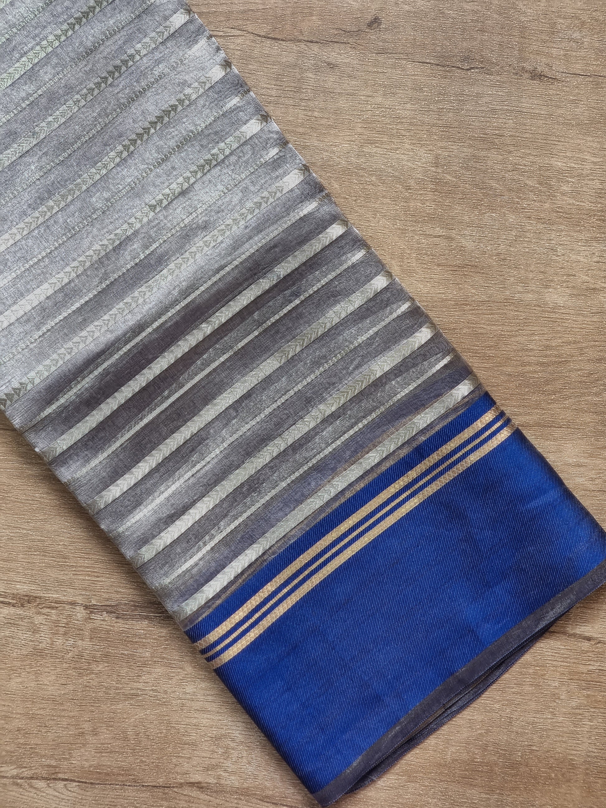 Pure Metallic Tissue Silk stripe saree with Katan silk border and special tassels with blouse sleeves - Resham Wala