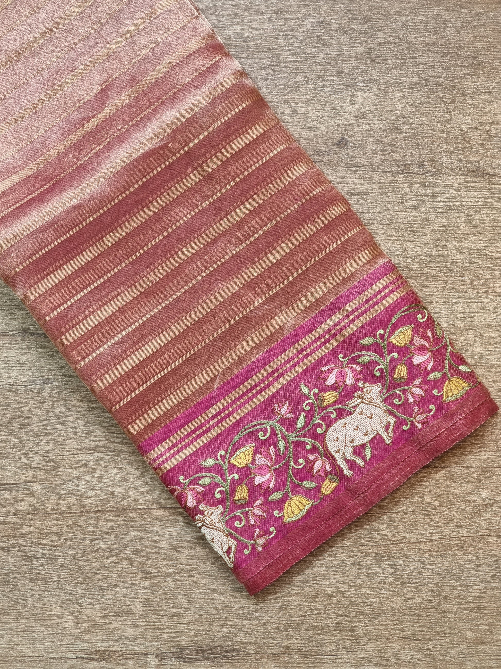 Pure Organza Tissue Silk Banarasi Stripe Pichwai Embroidery on Katan Silk Satin Border Saree - Resham Wala