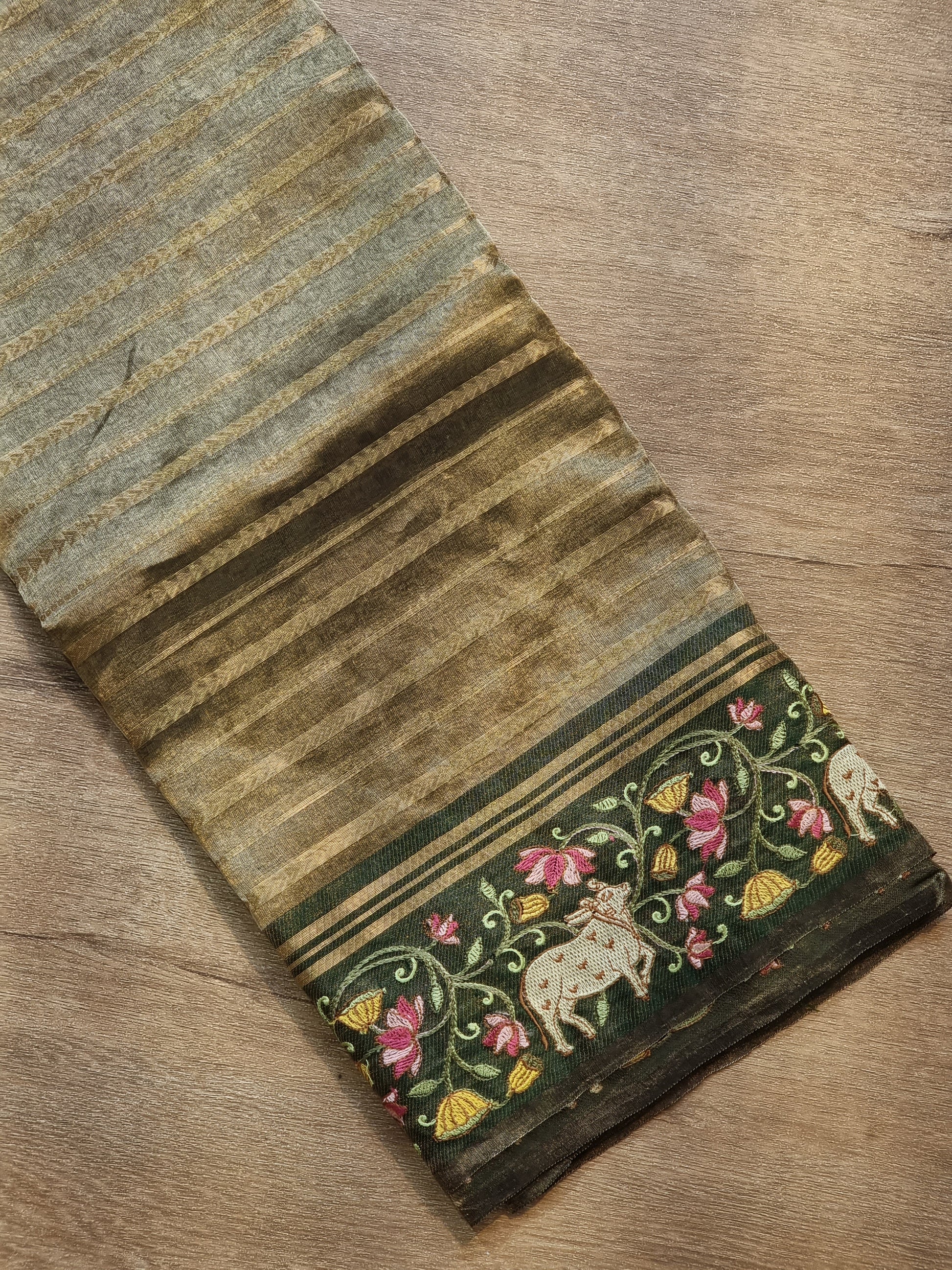 Pure Organza Tissue Silk Banarasi Stripe Pichwai Embroidery on Katan Silk Satin Border Saree - Resham Wala