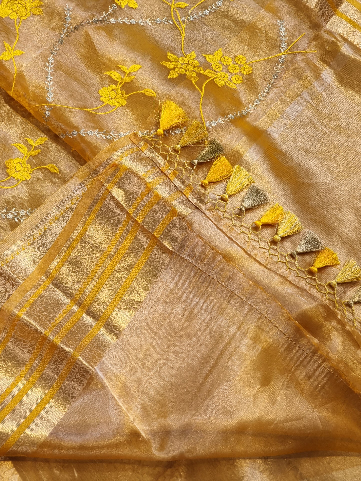 Pure metalic tissue silk katan border saree with self embroidery jaal and special tassels and running blouse - Resham Wala