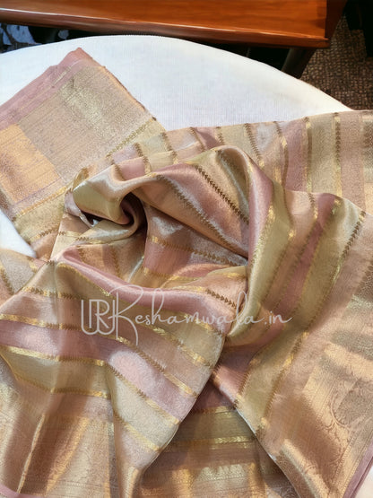 Handwoven Pure Tissue Organza Silk Banarasi Border & Stripes Saree with blouse and special tassels - Resham Wala