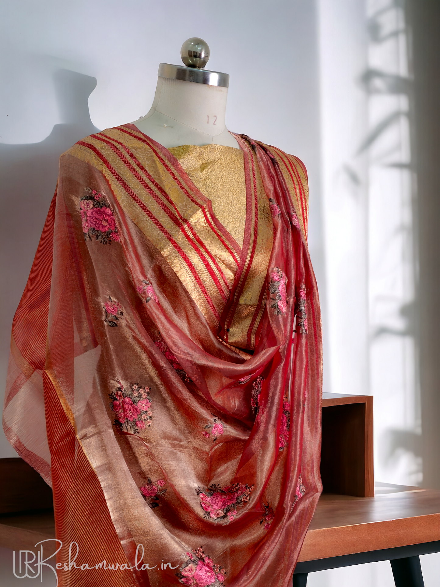 Handwoven pure tissue silk brocade suit and Pure tissue silk floral bunch embroidery dupatta with special tassels and plain bottom - Resham Wala