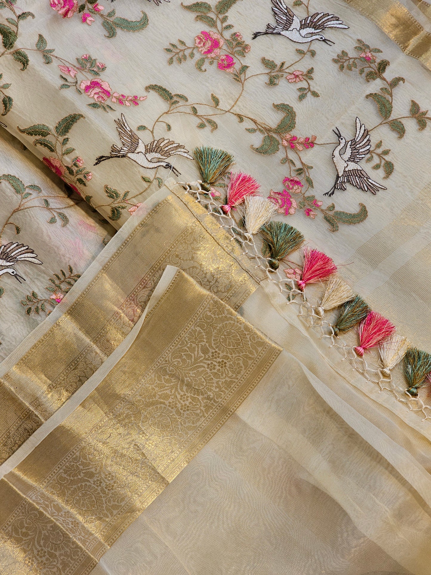 Pure Organza Silk Flamingo Jaal Embroidery Saree with Banarasi border and special tassels - Resham Wala