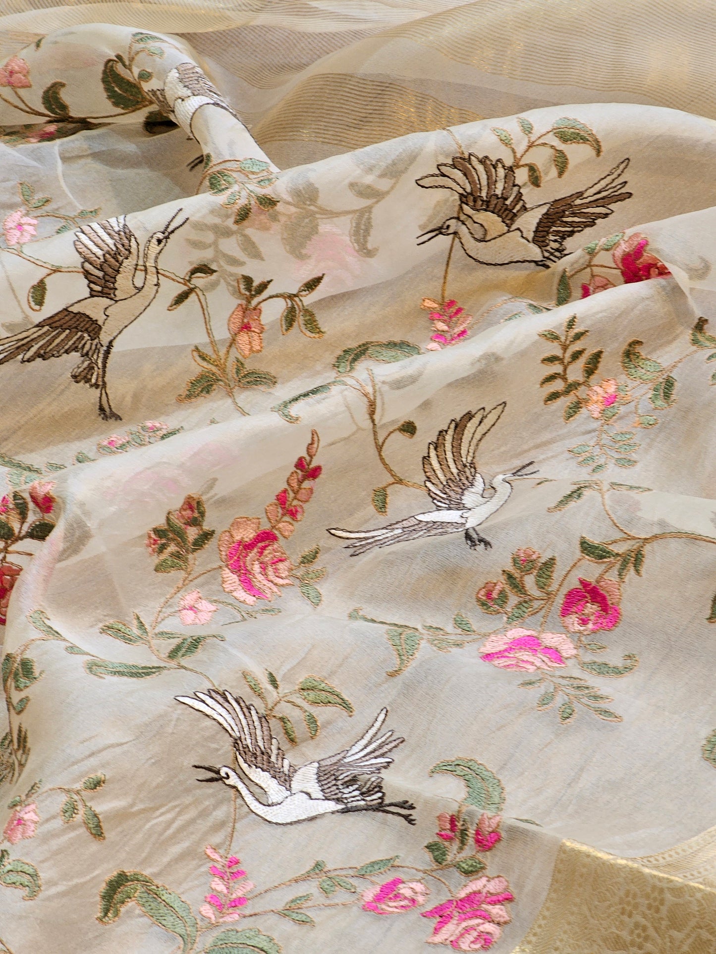 Pure Organza Silk Flamingo Jaal Embroidery Saree with Banarasi border and special tassels