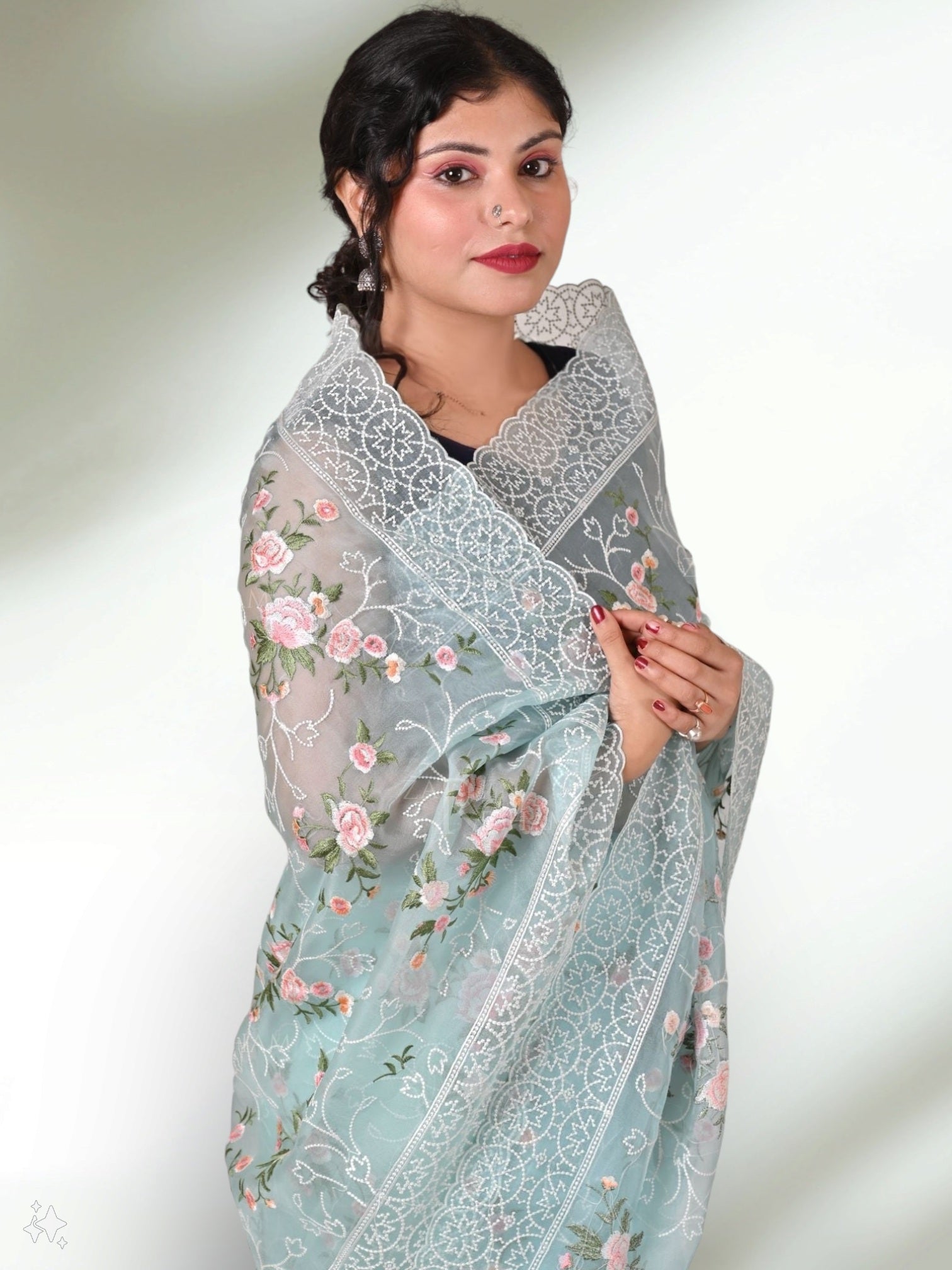 Pure Organza Silk multi floral Embroidery with Petit Point Work border with scallop edging - Resham Wala