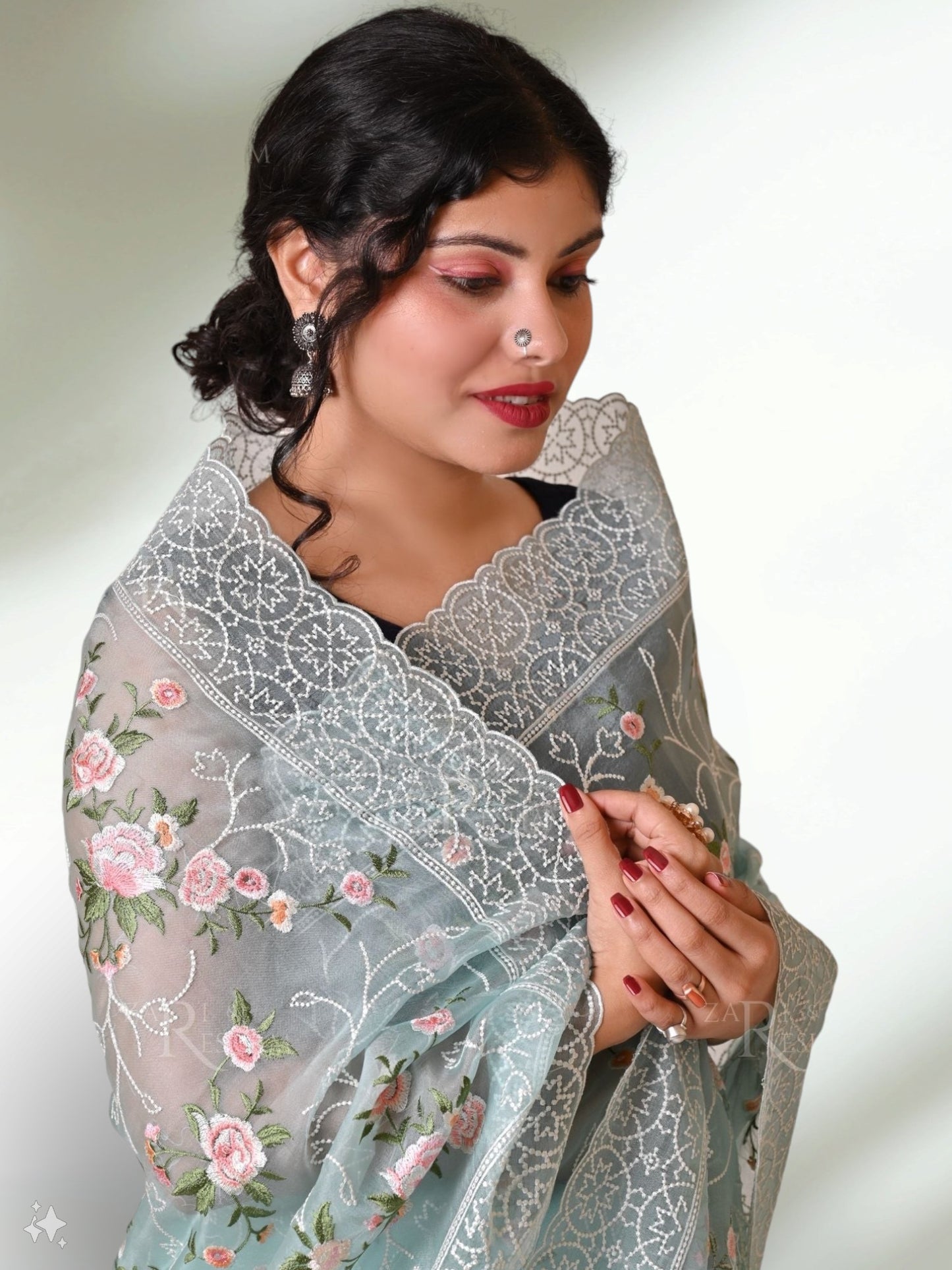 Pure Organza Silk multi floral Embroidery with Petit Point Work border with scallop edging