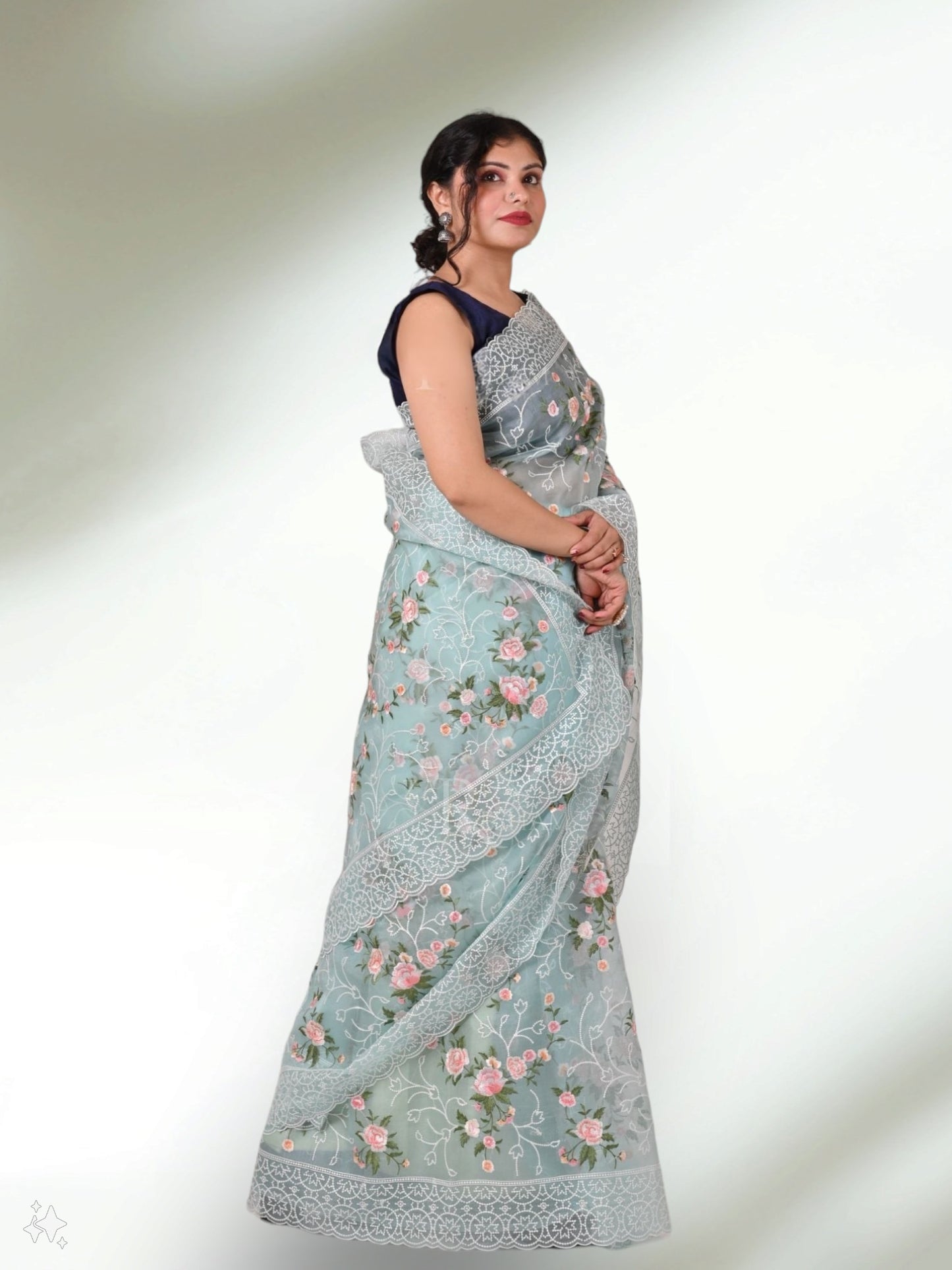 Pure Organza Silk multi floral Embroidery with Petit Point Work border with scallop edging - Resham Wala