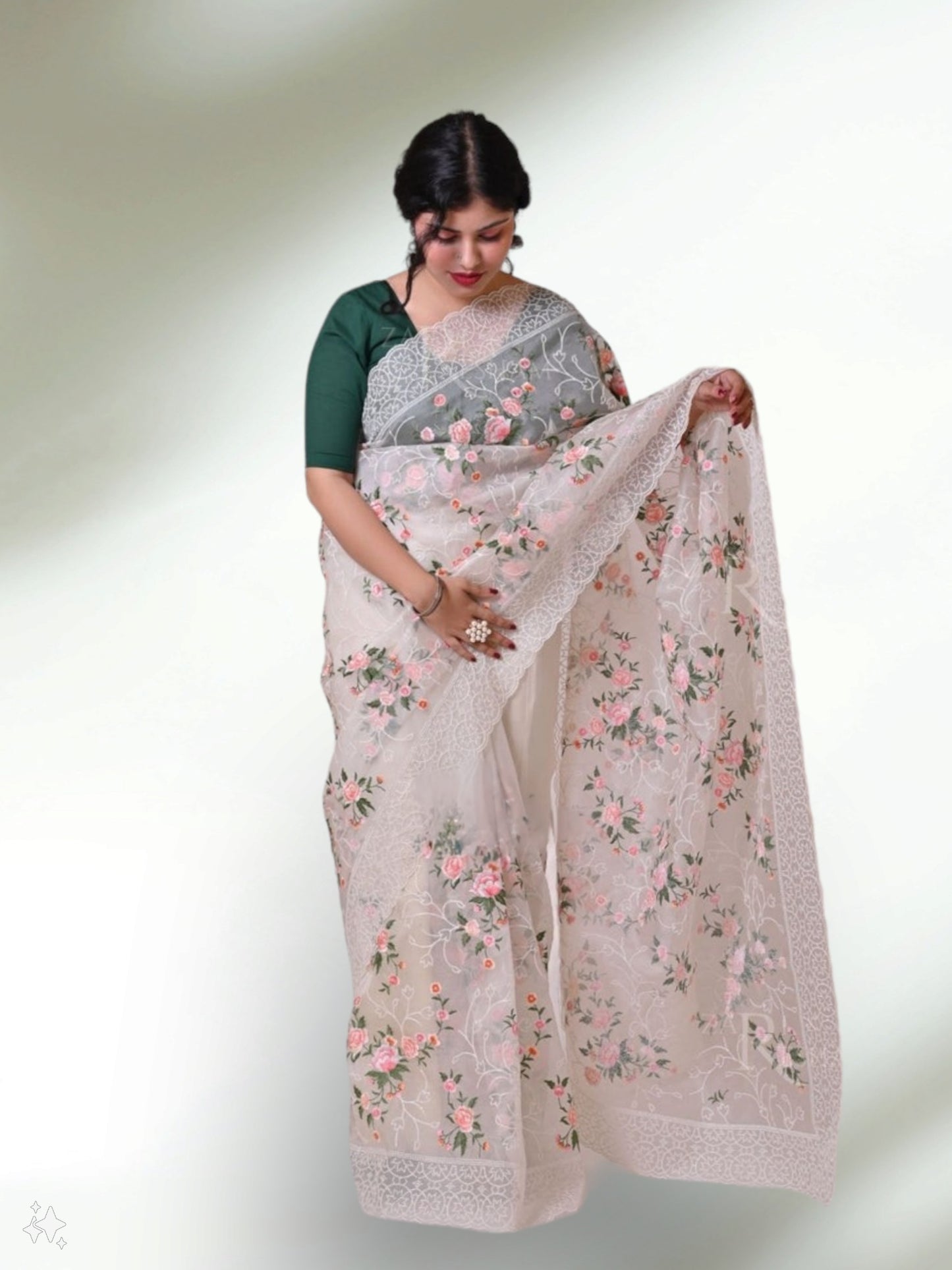 Pure Organza Silk multi floral Embroidery with Petit Point Work border with scallop edging - Resham Wala