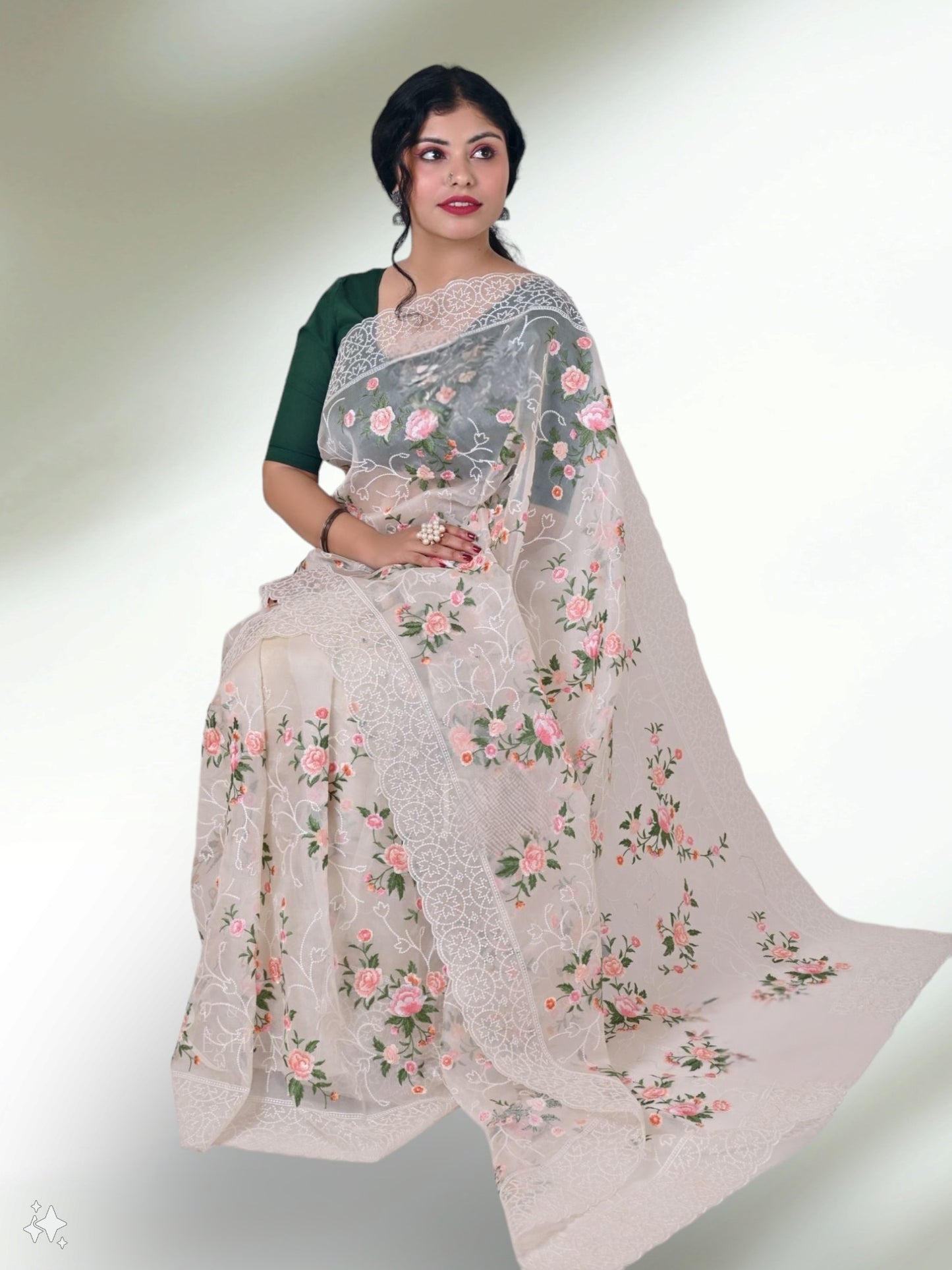 Pure Organza Silk multi floral Embroidery with Petit Point Work border with scallop edging - Resham Wala