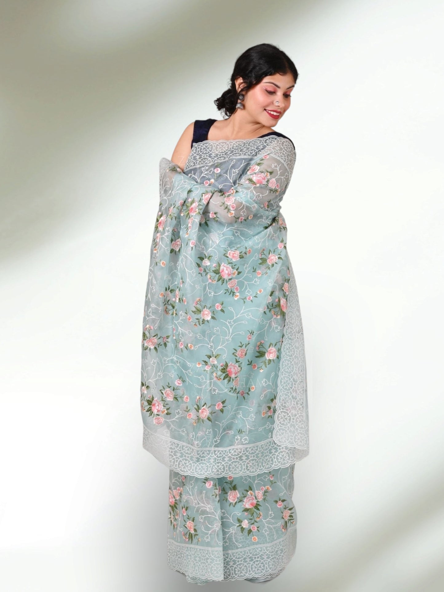 Pure Organza Silk multi floral Embroidery with Petit Point Work border with scallop edging - Resham Wala