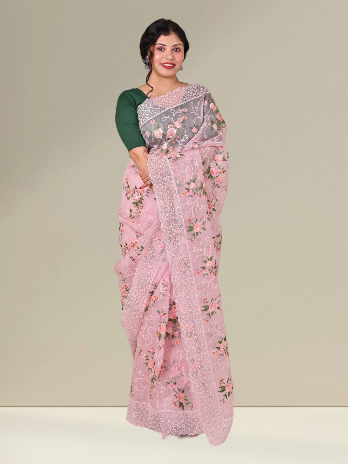 Pure Organza Silk multi floral Embroidery with Petit Point Work border with scallop edging - Resham Wala