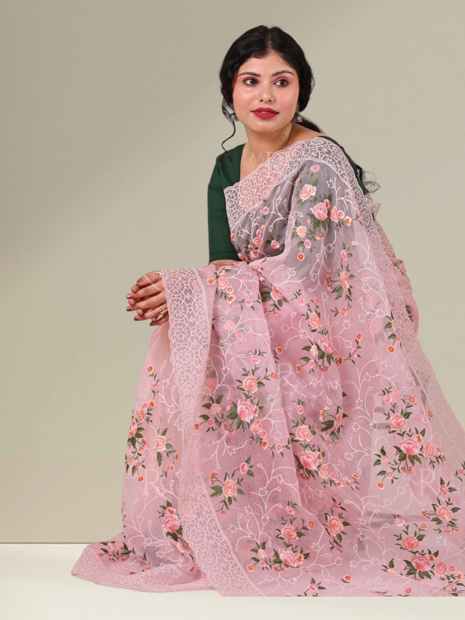 Pure Organza Silk multi floral Embroidery with Petit Point Work border with scallop edging - Resham Wala