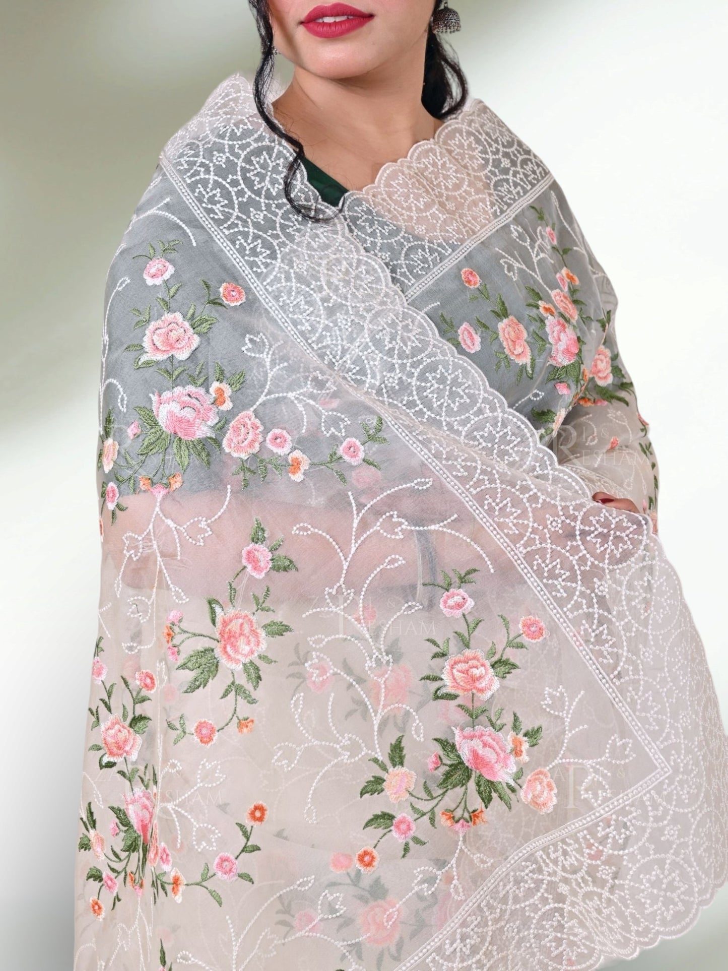 Pure Organza Silk multi floral Embroidery with Petit Point Work border with scallop edging - Resham Wala