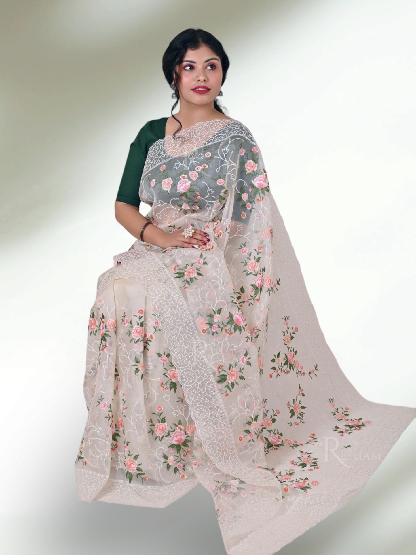 Pure Organza Silk multi floral Embroidery with Petit Point Work border with scallop edging - Resham Wala