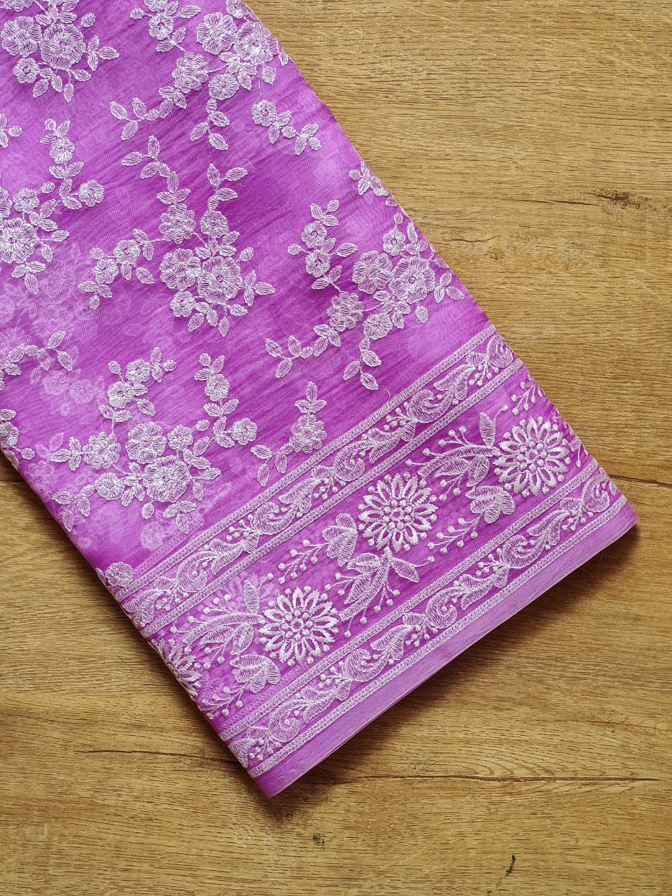 Pure Organza Silk Embroidery Chikankari Saree in heavy pallu and special tassels - Resham Wala