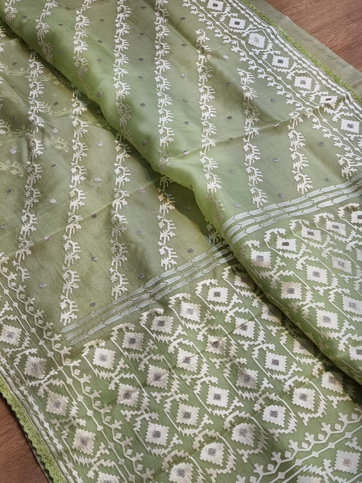 Pure Organza Silk Dhakai Embroidery Saree with Velvet Lace and Plain blouse