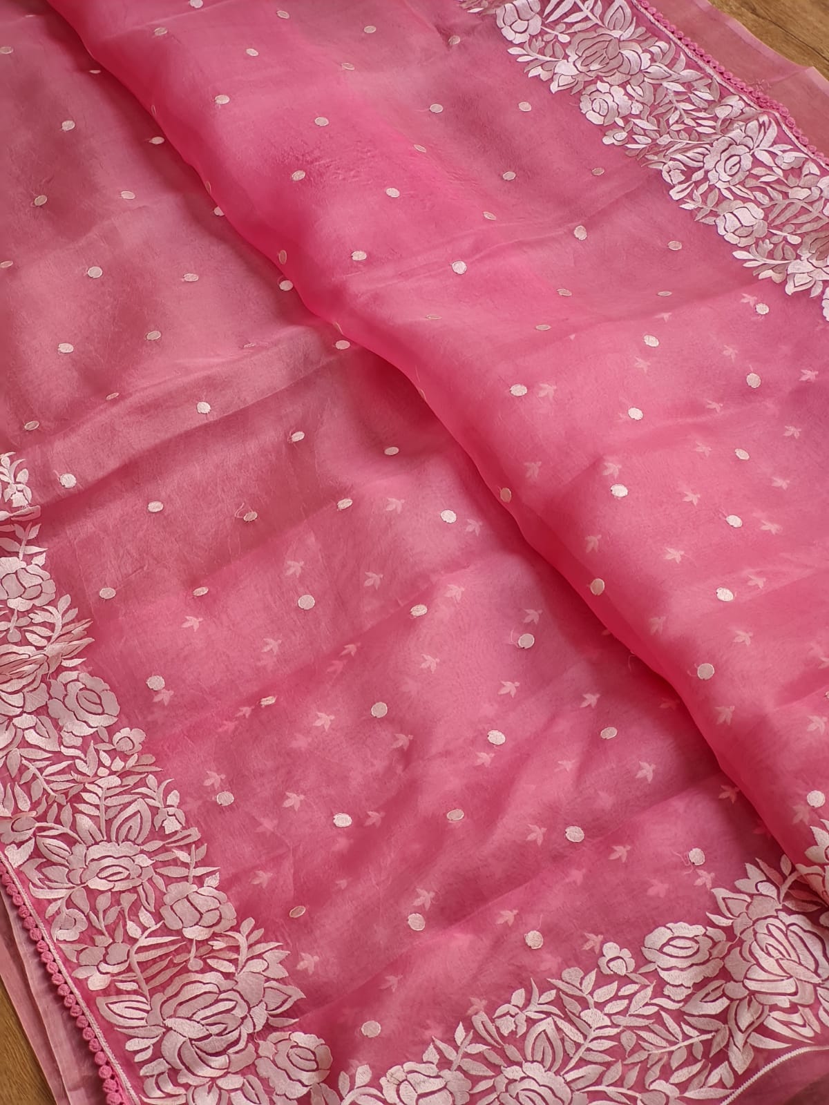 Pure Organza Silk Parsi Embroidery Border Buti Saree with crochet lace and sleeves in blouse - Resham Wala