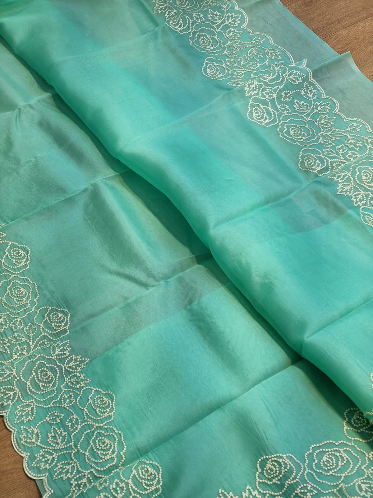 Pure Organza Silk Pearl Embroidery Work Cutwork Scallop Border Saree and Plain Blouse