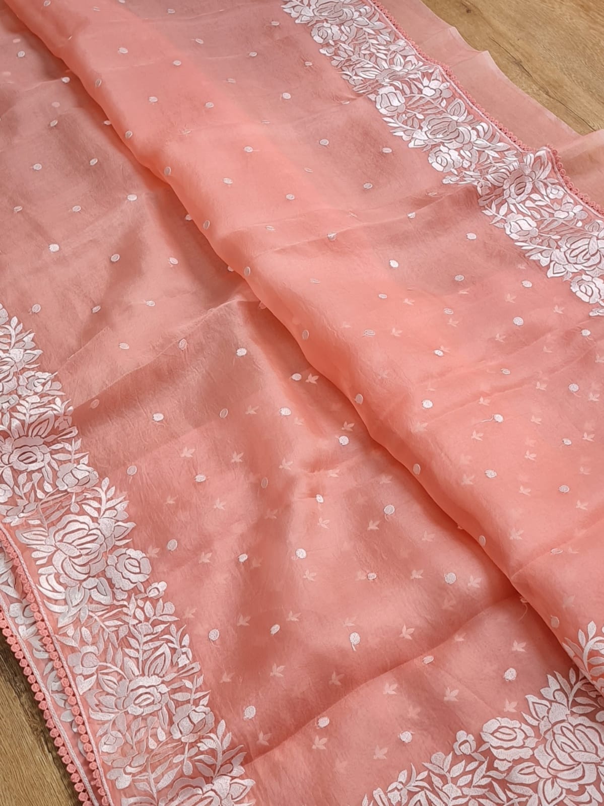 Pure Organza Silk Parsi Embroidery Border Buti Saree with crochet lace and sleeves in blouse - Resham Wala