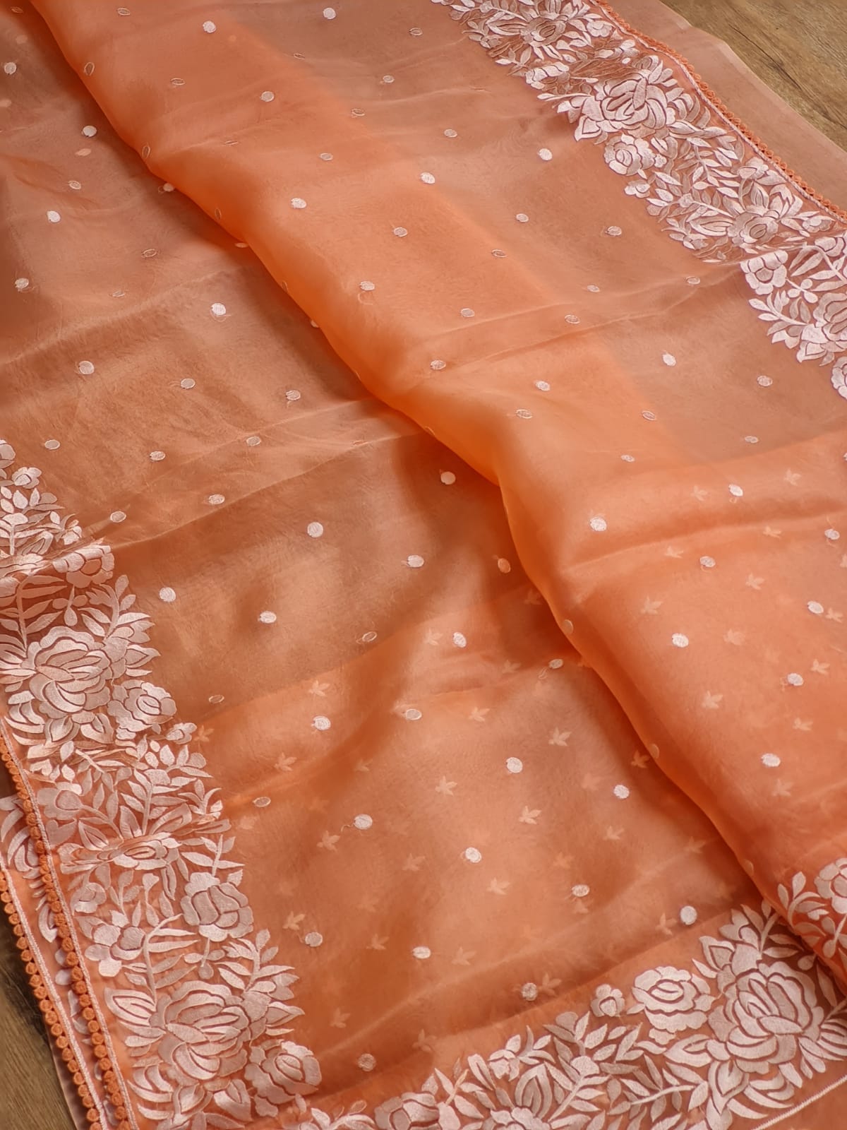 Pure Organza Silk Parsi Embroidery Border Buti Saree with crochet lace and sleeves in blouse - Resham Wala