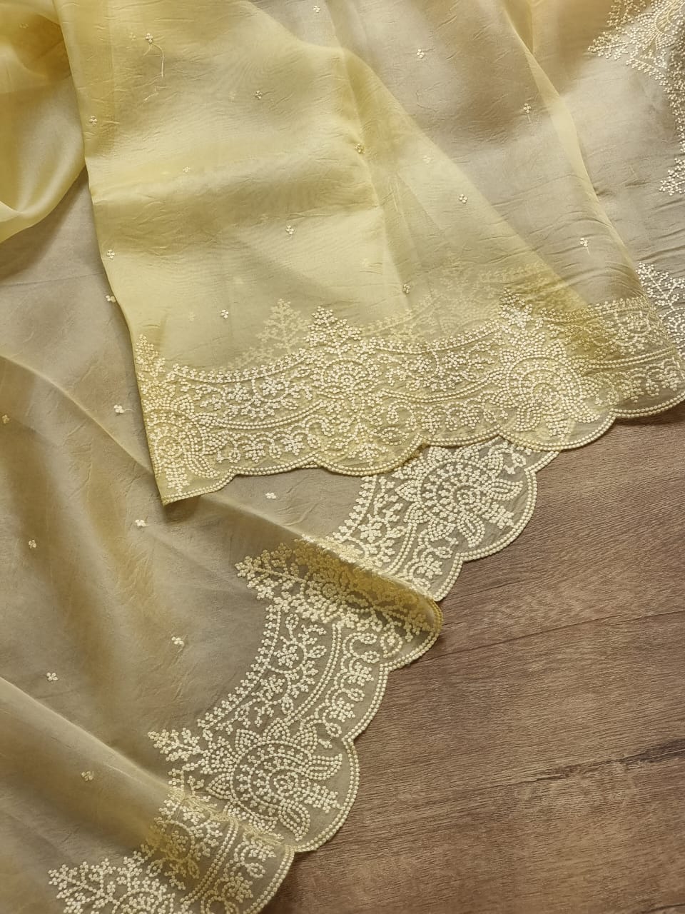 Pure Organza Silk Thread Embroidery Torani Pearl Border with Scallop edges and blouse work