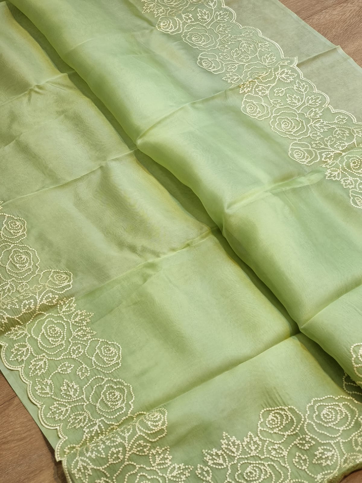 Pure Organza Silk Pearl Embroidery Work Cutwork Scallop Border Saree and Plain Blouse - Resham Wala