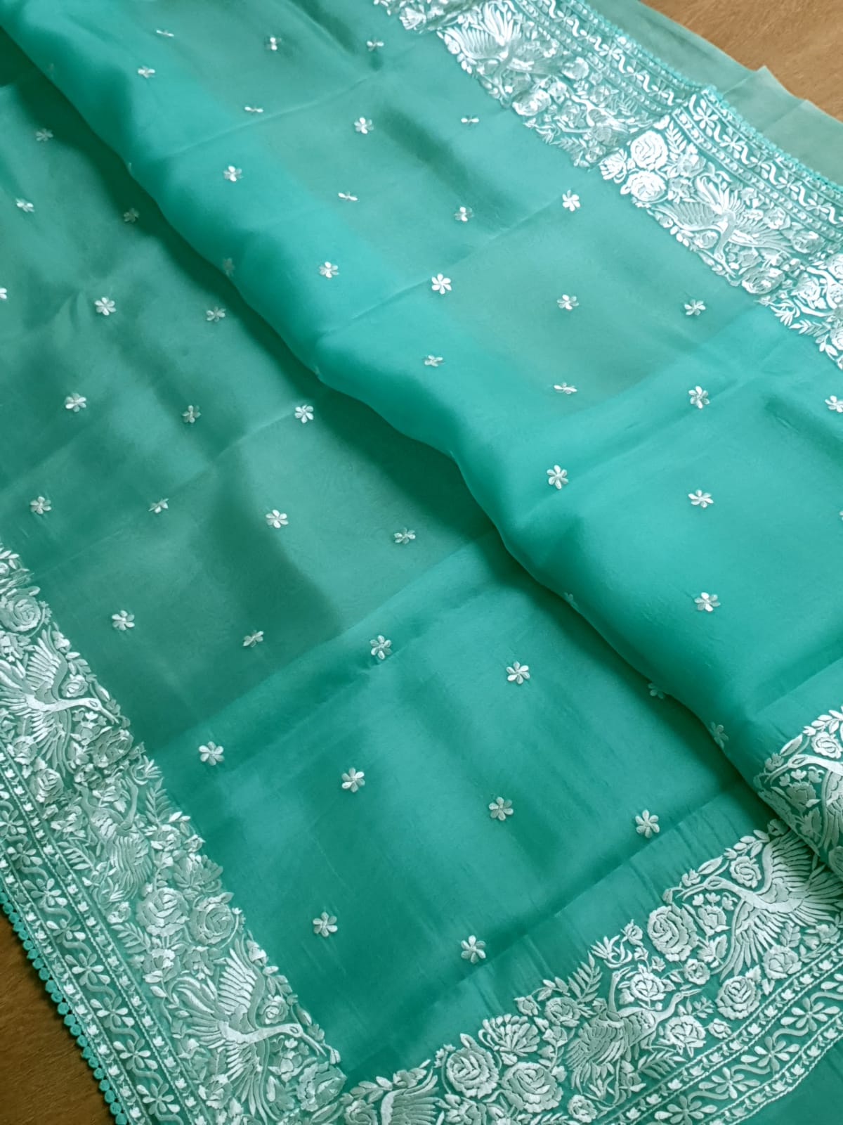 Pure Organza Silk Parsigara Figure Embroidery Border Saree with crochet lace and sleeves in blouse - Resham Wala