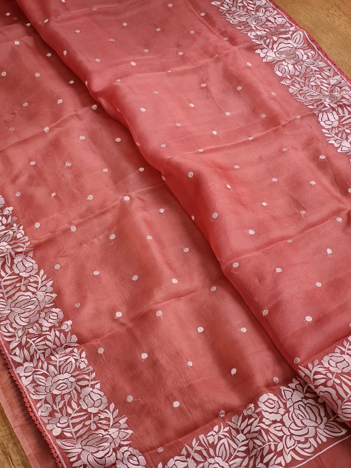 Pure Organza Silk Parsi Embroidery Border Buti Saree with crochet lace and sleeves in blouse - Resham Wala