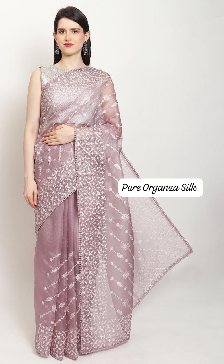 Pure Organza Silk Chikankari Embroidery Ada Lehariya Saree with Crochet lace and heavy blouse - Resham Wala