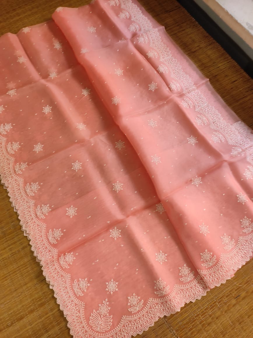 Pure Organza Silk Pearl Style thread Embroidery Saree with cutwork border scallop edges