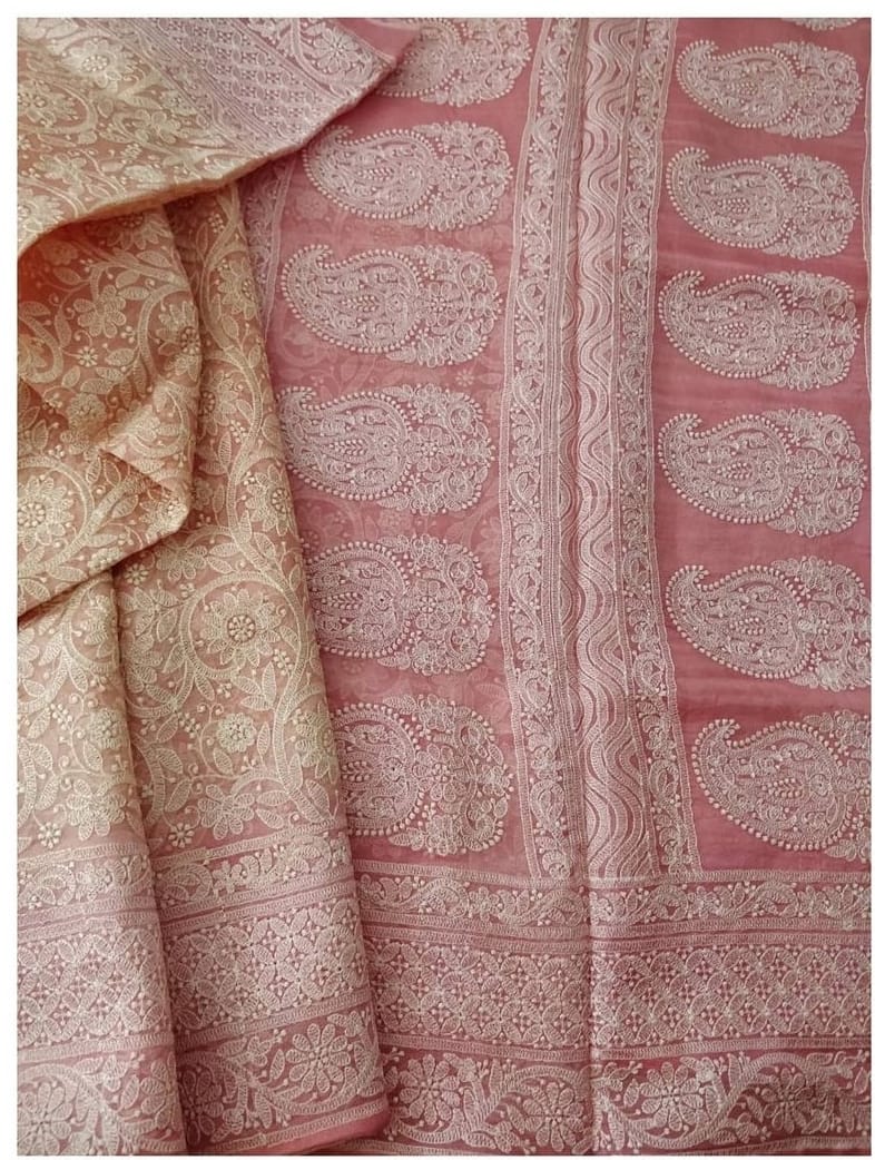 Pure Organza Silk Chikankari Embroidery Saree in contrast border blouse and special tassels - Resham Wala