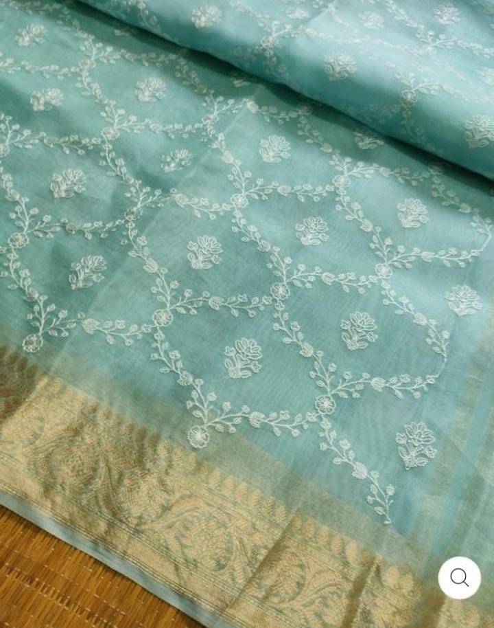 Pure Organza Silk Banarasi Border Chikankari Embroidery Saree