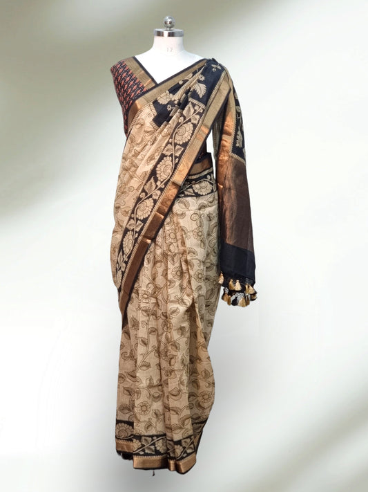 Handwoven pure munga silk printed kalamkari saree ajrak blouse with banarasi Zari border and special tassels