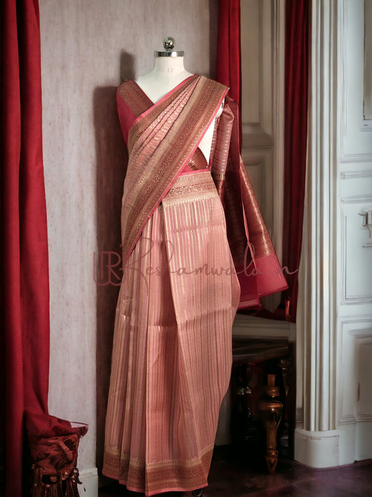 Handwoven Pure Banarasi Kora Silk Stripe Saree with blouse and special tassels