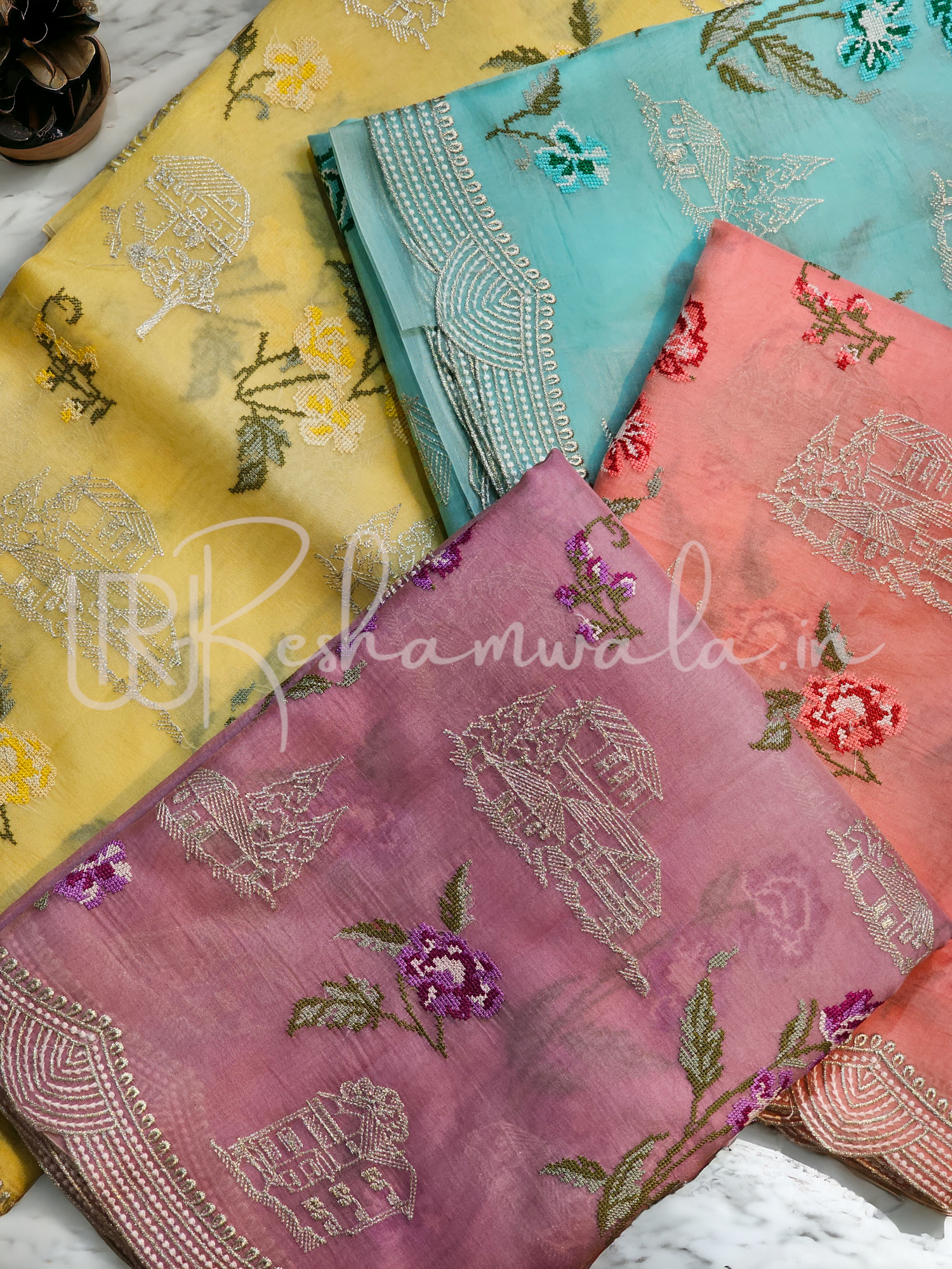 Pure Organza Silk House and floral Embroidery Saree with cutwork border and sleeves in blouse - Resham Wala