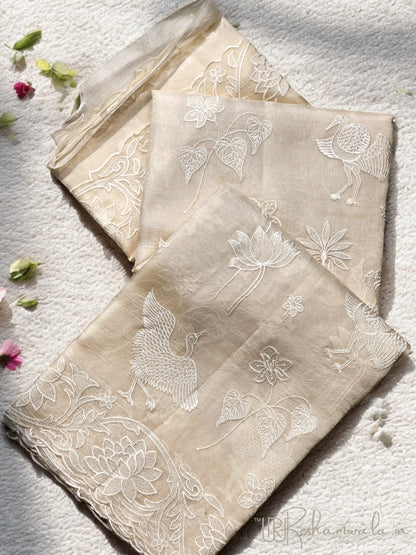 Pure Organza Silk Floral Flamingo Embroidery Cutwork Border Saree with Heavy blouse - Resham Wala