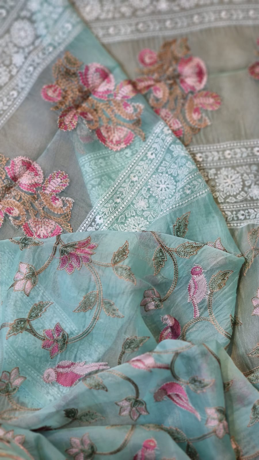 Pure Organza Silk Embroidery Katha Chikankari Border with Velvet lace and blouse