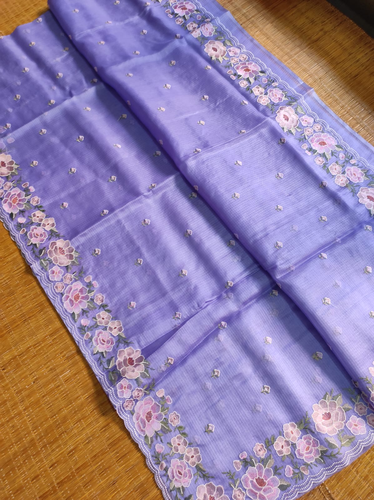 Pure Tussar Kota Silk Saree with Mina Floral Cutwork Scallop Border Embroidery Work - Resham Wala