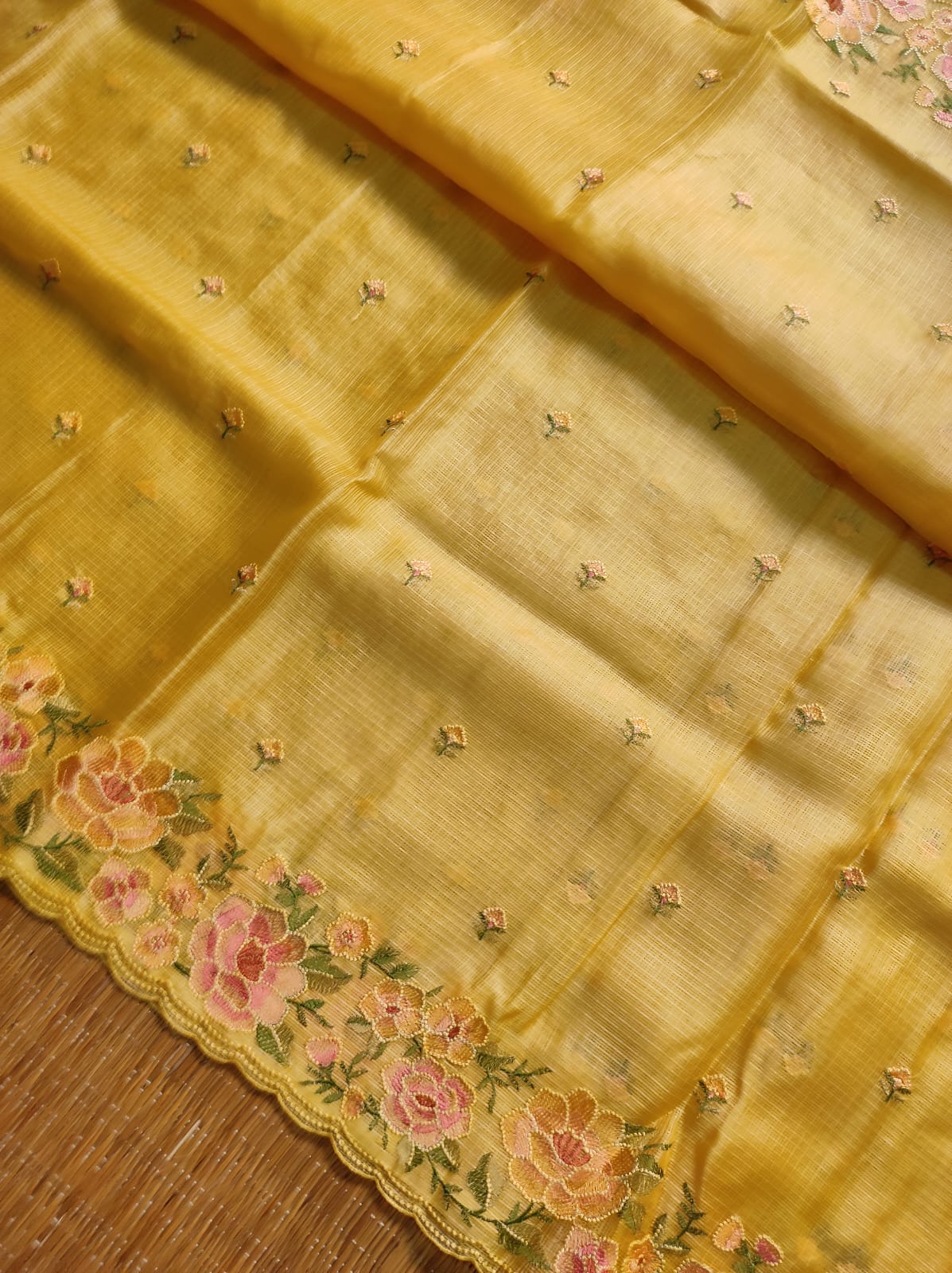 Pure Tussar Kota Silk Saree with Mina Floral Cutwork Scallop Border Embroidery Work - Resham Wala